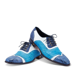 Mauri 3093 Lucky Men's Shoes Two-Tone Blue & White Exotic Alligator/ Calf-Skin Leather Oxfords (MA5428)-AmbrogioShoes