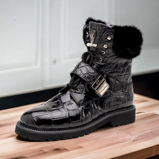 Mauri 3240 Smoke Exotic Alligator Skin / Mink / Nappa Leather Strap Derby Boots (MA5584)-AmbrogioShoes