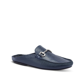 Mauri 3424/1 Sapphire Men's Shoes Wonder Blue Exotic Ostrich Leg / Calf-Skin Leather Horsebit Mules (MA5434)-AmbrogioShoes
