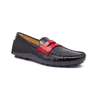 Mauri 3502 Suave Men's Shoes Black & Red Exotic Caiman Crocodile / Patent Embossed Leather Driver Loafers (MA5345)-AmbrogioShoes