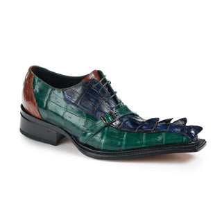 Mauri 44190 Raptor Men's Shoes Green / Gold / Blue Hornback Baby Crocodile Oxfords (MA5015)-AmbrogioShoes