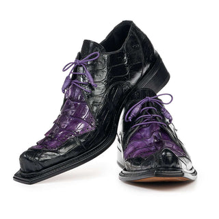 Mauri 44209 Men's Designer Shoes Exotic Skin Giotto Black & Violet Baby Croc & Hornback Tail Oxfords (MA4821)-AmbrogioShoes