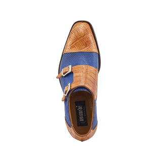 Mauri 4560/2 Madison Men's Shoes Cognac & Brilliant Blue Exotic Alligator / Karung Monk-Straps Loafers (MA5375)-AmbrogioShoes