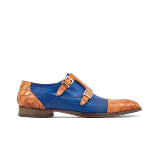 Mauri 4560/2 Madison Men's Shoes Cognac & Brilliant Blue Exotic Alligator / Karung Monk-Straps Loafers (MA5375)-AmbrogioShoes