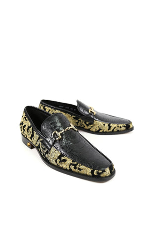 Mauri 4938 Majesty Black & Gold Ostrich Leg / Didier Fabric Horsebit Loafers (MA5331)