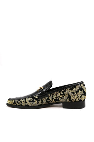 Mauri 4938 Majesty Black & Gold Ostrich Leg / Didier Fabric Horsebit Loafers (MA5331)