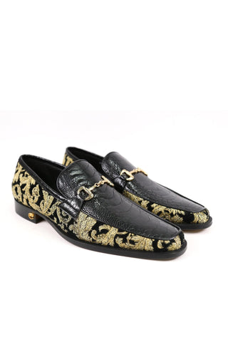 Mauri 4938 Majesty Black & Gold Ostrich Leg / Didier Fabric Horsebit Loafers (MA5331)