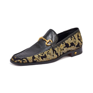 Mauri 4938 Majesty Men's Shoes Black & Gold Exotic Ostrich Leg / Didier Fabric Horsebit Loafers (MA5331)-AmbrogioShoes