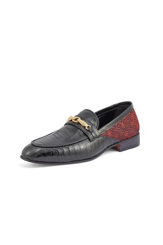 Mauri 4946 Monet Black & Coral Red Ostrich Leg / Matahari Fabric Horsebit Loafers (MA5398)