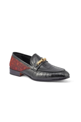 Mauri 4946 Monet Black & Coral Red Ostrich Leg / Matahari Fabric Horsebit Loafers (MA5398)