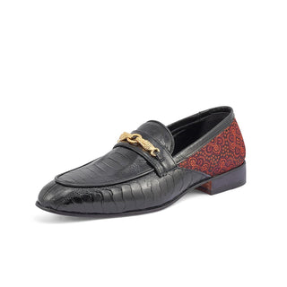 Mauri 4946 Monet Men's Shoes Black & Coral Red Exotic Ostrich Leg / Matahari Fabric Horsebit Loafers (MA5398)-AmbrogioShoes