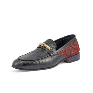 Mauri 4946 Monet Men's Shoes Black & Coral Red Exotic Ostrich Leg / Matahari Fabric Horsebit Loafers (MA5398)(Special Order)-AmbrogioShoes