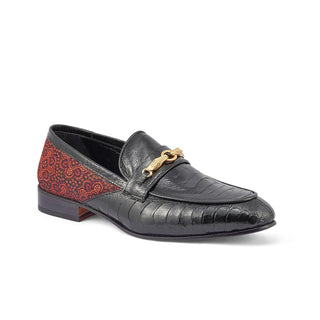 Mauri 4946 Monet Men's Shoes Black & Coral Red Exotic Ostrich Leg / Matahari Fabric Horsebit Loafers (MA5398)(Special Order)-AmbrogioShoes