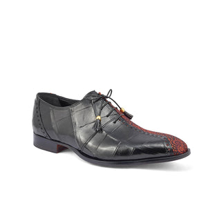 Mauri 4975/2 Two Face Men's Shoes Black & Coral Red Exotic Alligator / Matahari Fabric Oxfords (MA5399)-AmbrogioShoes