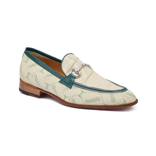 Mauri 4983 Bahamas Men's Shoes Spring Clean, Cream & Hunter Green Exotic Alligator/ Fabric / Calf-Skin Leather Fabric Horsebit Loafers (MA5302)<-AmbrogioShoes