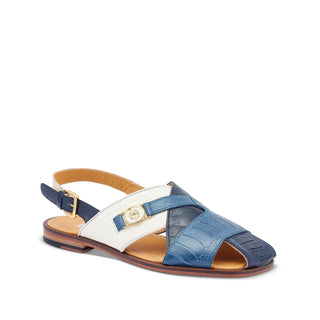 Mauri 5076 Romano Men's Shoes Two-Tone Blue & Cream Exotic Ostrich Leg / Tejus Lizard Sandals (MA5429)-AmbrogioShoes