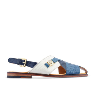 Mauri 5076 Romano Men's Shoes Two-Tone Blue & Cream Exotic Ostrich Leg / Tejus Lizard Sandals (MA5429)-AmbrogioShoes