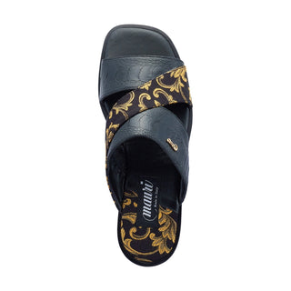 Mauri 5140 Men's Shoes Black Exotic Ostrich Leg / Gobelins Fabric Slip-On Sandals (MA5417)-AmbrogioShoes