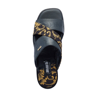 Mauri 5140 Men's Shoes Black Exotic Ostrich Leg / Gobelins Fabric Slip-On Sandals (MA5417)-AmbrogioShoes