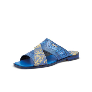 Mauri 5140 Cancun Men's Shoes New Blue Exotic Ostrich Leg / Gobelins Fabric Slip-On Sandals (MA5416)-AmbrogioShoes