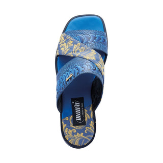 Mauri 5140 Cancun Men's Shoes New Blue Exotic Ostrich Leg / Gobelins Fabric Slip-On Sandals (MA5416)-AmbrogioShoes