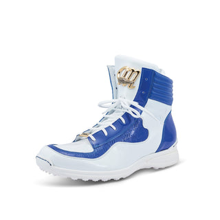 Mauri 8401 Flash Men's Shoes White & Royal Blue Exotic Crocodile / Ostrich Leg / Patent Leather High-Top Sneakers (MA5455)-AmbrogioShoes