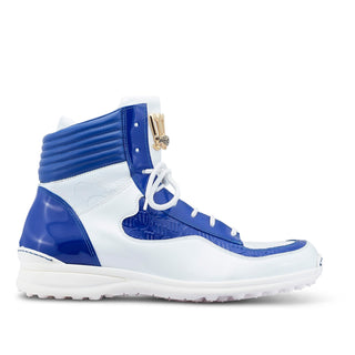 Mauri 8401 Flash Men's Shoes White & Royal Blue Exotic Crocodile / Ostrich Leg / Patent Leather High-Top Sneakers (MA5455)-AmbrogioShoes