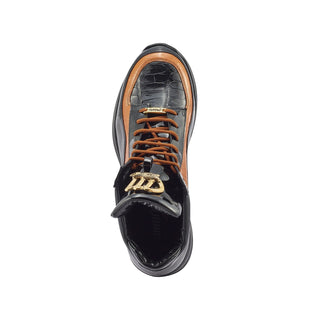 Mauri 8409 Hype Men's Shoes Black & Cognac Exotic Crocodile / Ostrich Leg / Patent Leather High-Top Sneakers (MA5406)-AmbrogioShoes