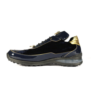 Mauri 8420 Bubble Men's Shoes Gold & Wonder Blue Exotic Crocodile / Velvet / Patent Leather Casual Sneakers (MAS5411)-AmbrogioShoes