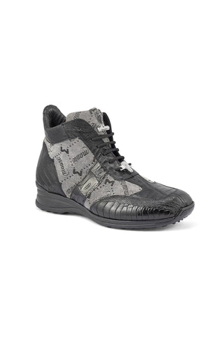 Mauri 8430 Signature Black & Gray Ostrich Leg / Crocodile / Mauri Fabric Casual Sneakers (MA5393)