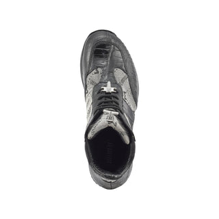 Mauri 8430 Signature Men's Shoes Black & Gray Exotic Ostrich Leg / Crocodile / Mauri Fabric Casual Sneakers (MA5393)-AmbrogioShoes