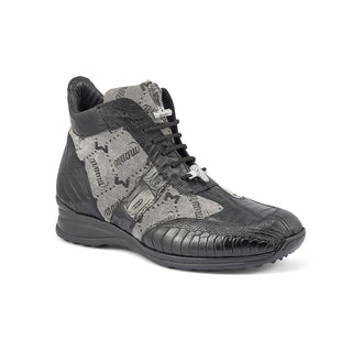 Mauri 8430 Signature Men's Shoes Black & Gray Exotic Ostrich Leg / Crocodile / Mauri Fabric Casual Sneakers (MA5393)-AmbrogioShoes