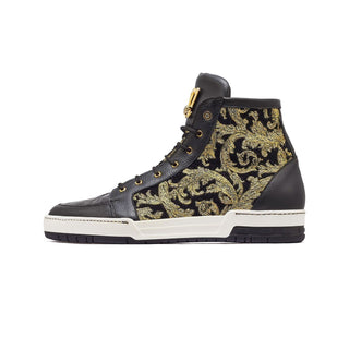 Mauri 8437 Kingpin Men's Shoes Black & Gold Exotic Caiman Crocodile / Didier Fabric High-Top Sneakers (MA5330)-AmbrogioShoes