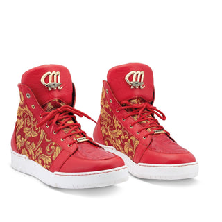 Mauri 8437 Kingpin Men's Shoes Red Exotic Crocodile/ Calf-Skin Leather / Gobelins Fabric Hightop Sneakers (MAS5443)-AmbrogioShoes