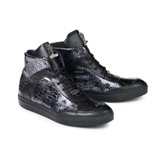 Mauri 8853 Heart Men's Shoes Nappa Black Calf-Skin Print and Baby Crocodile Sneakers (MA5016)-AmbrogioShoes