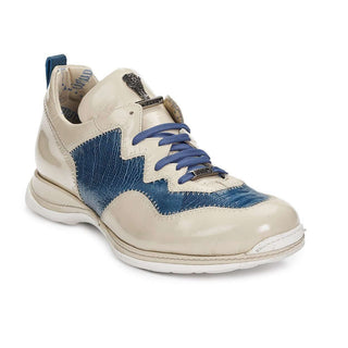 Mauri 8696 Designer Shoes Exotic Skin Men's Patent Leather & Ostrich Leg Off White & Blue Sneakers 8696 (MA4930)-AmbrogioShoes