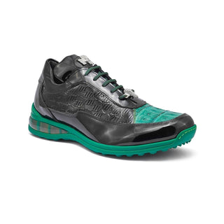 Mauri 8900/2 Bubble Italian Men's Shoes Black & Leaf Green Exotic Crocodile / Patent Embossed Leather Casual Sneakers (MA5342)-AmbrogioShoes