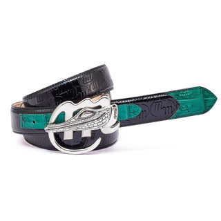 Mauri AB6 Men's Black & Leaf Green Exotic Caiman Crocodile / Patent Embossed Leather Belt (MAB1018)-AmbrogioShoes