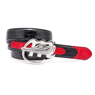 Mauri AB6 Men's Black & Red Exotic Caiman Crocodile / Patent Print Belt (MAB1000)-AmbrogioShoes