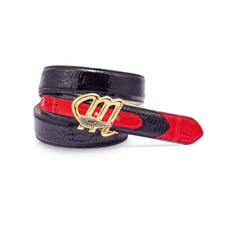 Mauri AB6 Men's Black & Red Golden Buckle Exotic Caiman Crocodile / Patent Embossed Leather Belt (MAB1021)-AmbrogioShoes