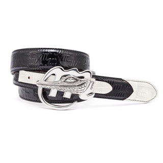 Mauri AB6 Men's Black & White Exotic Crocodile / Patent Embossed Leather Belt (MAB1020)-AmbrogioShoes