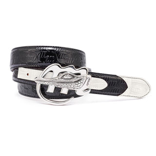 Mauri AB6 Men's Black & White Exotic Caiman Crocodile / Patent Embossed Leather Belt (MAB1020)-AmbrogioShoes