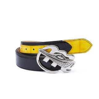 Mauri AB6 Men's Black & Yellow Exotic Caiman Crocodile / Patent Print Belt (MAB1001)-AmbrogioShoes