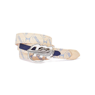 Mauri AB6 Men's Cream, Sky Lark & Indigo Blue Exotic Alligator/ Fabric / Calf-Skin Leather Belt (MAB1008)-AmbrogioShoes