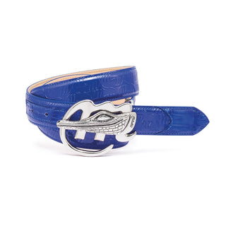 Mauri AB6 Men's Royal Blue Exotic Caiman Crocodile / Patent Embossed Leather Belt (MAB1015)-AmbrogioShoes