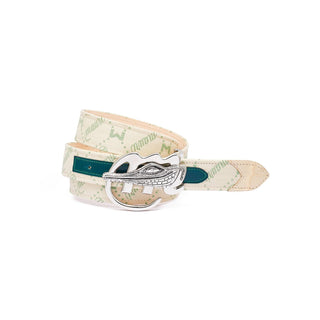 Mauri AB6 Men's Spring Clean, Cream & Hunter Green Exotic Alligator/ Fabric / Calf-Skin Leather Belt (MAB1007)-AmbrogioShoes