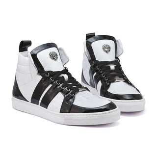 Mauri Blackjack 8410 Men's Shoes Black & White Exotic Crocodile / Patent / Nappa Leather High-Top Sneakers (MA5276)-AmbrogioShoes