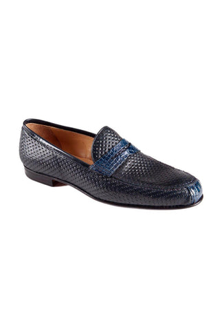 Mauri Blue Navy Crocodile / Texture Embossed Leather Penny Loafers 4893 (MAO1032)