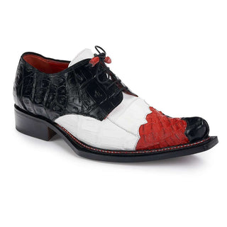 Mauri Designer Shoes Exotic Skin Men's Baby Croc & Hornback Crocodile Black, White & Red Oxfords 44207 (MA4934)-AmbrogioShoes