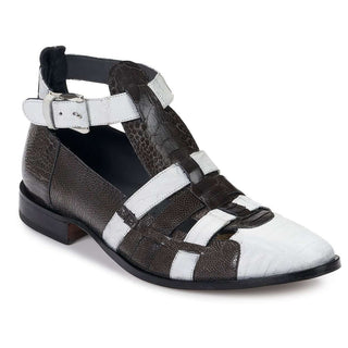 Mauri Designer Shoes Exotic Skin Men's Baby Croc & Ostrich Leg Black & White Sandals 3025 (MA4901)(Made to Order)-AmbrogioShoes